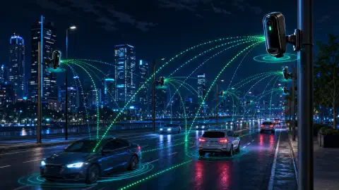 一个黑暗的街道十字路口,路灯柱上安装的监控摄像头照亮周围,经过车辆上叠加显示着车牌数据。
