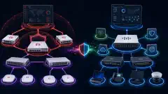 一幅展示两种网络安全架构的插图。左侧是 Fortinet 的组件,如 FortiGate 防火墙和 FortiSwitch 互联。右侧是 Cisco 的解决方案,如 Secure Firewall 和 Catalyst 交换机,背景为深色。