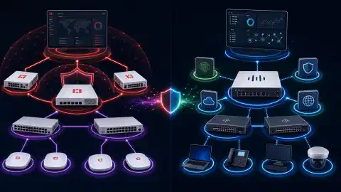 一幅展示两种网络安全架构的插图。左侧是 Fortinet 的组件,如 FortiGate 防火墙和 FortiSwitch 互联。右侧是 Cisco 的解决方案,如 Secure Firewall 和 Catalyst 交换机,背景为深色。