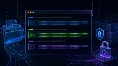 一个未来感十足的Linux终端示意图，显示哈希命令输出，周围环绕抽象文件和数字符号，背景为深色，点缀有鲜艳的蓝色、绿色和紫色。