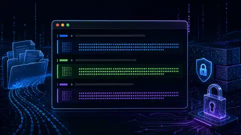 一个未来感十足的Linux终端示意图,显示哈希命令输出,周围环绕抽象文件和数字符号,背景为深色,点缀有鲜艳的蓝色、绿色和紫色。