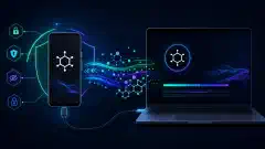 一幅抽象数字插图，展示一部 Google Pixel 智能手机通过 USB-C 数据线连接到电脑，周围环绕着代表数据传输和安全的彩色图形元素。