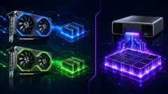 一幅插图,左侧是两张 NVIDIA RTX 5060 Ti 显卡,右侧是 NVIDIA GB10 系统,两者在深色背景和彩色光效中突出显示。
