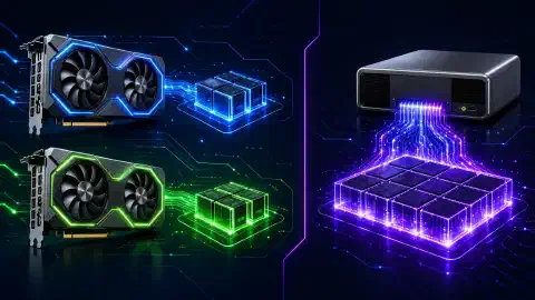 一幅插图,左侧是两张 NVIDIA RTX 5060 Ti 显卡,右侧是 NVIDIA GB10 系统,两者在深色背景和彩色光效中突出显示。