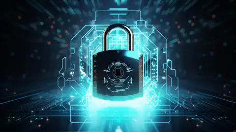 这是一幅代表数字隐私和安全的象征性图像，图案是一把上锁的挂锁，挂锁上有一个盾牌标志，传达了保护数据和在线匿名的理念。