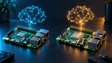 Two Raspberry Pi computers on a dark desk with blue and amber neural network illustrations above them