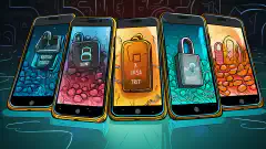 四部智能手机的插图，分别代表 Session、Status、Signal 和 Threema，它们都上了锁，突出了它们对安全信息的关注。