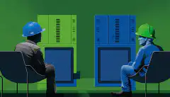 两台服务器相对，一台蓝色，一台绿色。在蓝色一侧，一个人戴着安全帽，身穿安全背心。在绿色一侧，一个人坐在沙发上。
