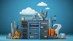 一台计算机服务器塔、一朵云和一个工具箱,象征 VMware ESXi、Citrix XenServer 和 Hyper-V 选项。