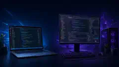 一幅插图,左侧是一台笔记本电脑显示 Visual Studio Code,右侧是一台台式机显示 Visual Studio,背景为深色。左侧展示多彩的代码片段,右侧显示复杂的编码项目。