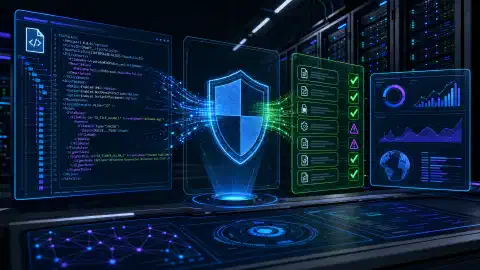 未来感服务器机房的插图,发光屏幕显示与 Windows Defender 应用程序控制相关的 XML 和 BIN 文件结构。深色背景增强了鲜艳的色彩。